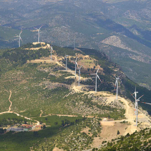 Aerial view of the wind farm in the Turkish province of Mersin.