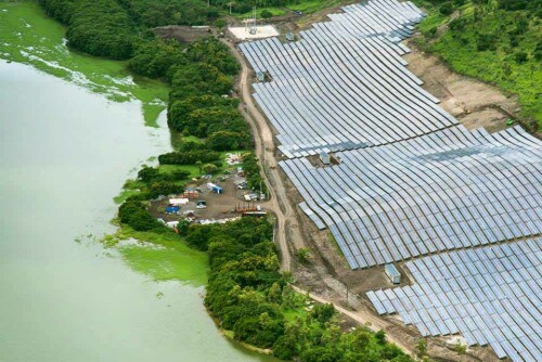 Close-up of a solar park in Mauritius from the air