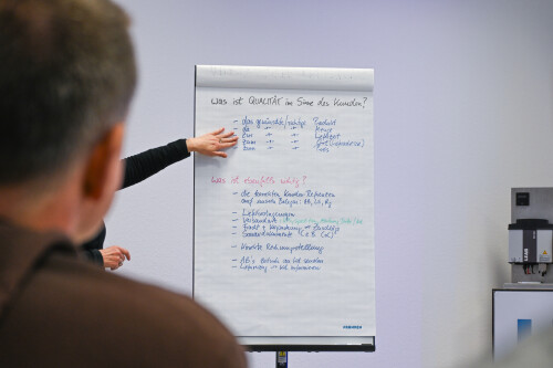 Female hand on a flipchart.