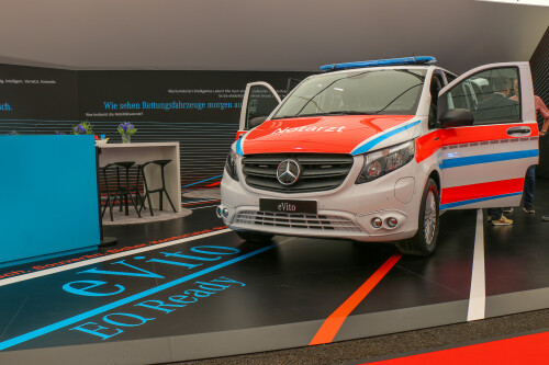 A Mercedes eVito is presented as an emergency doctor's vehicle at the Rettmobil trade fair